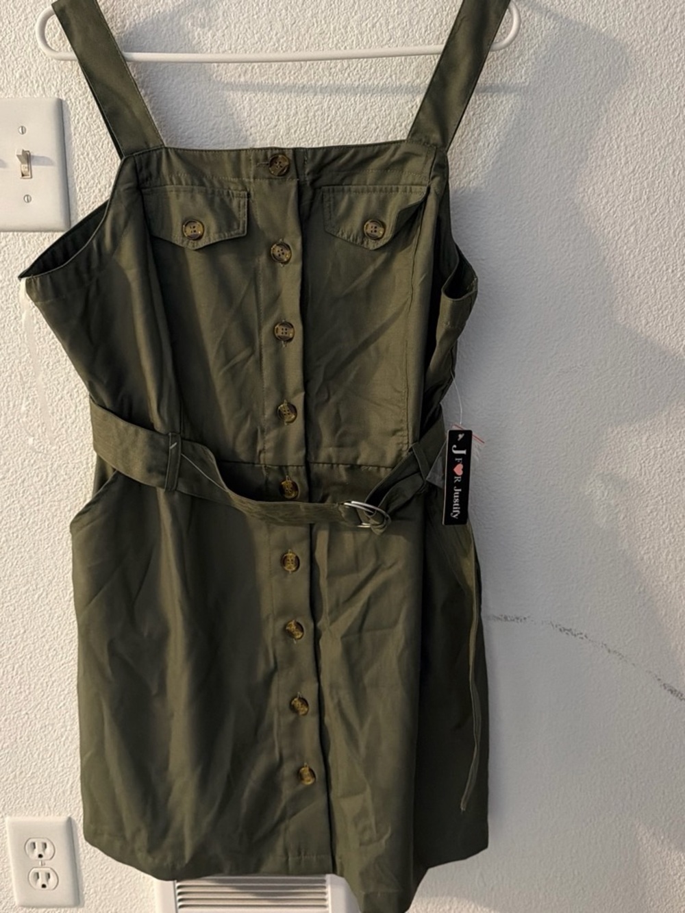 J for Justify Olive Green Button-Front Belted Jumpsuit Romper